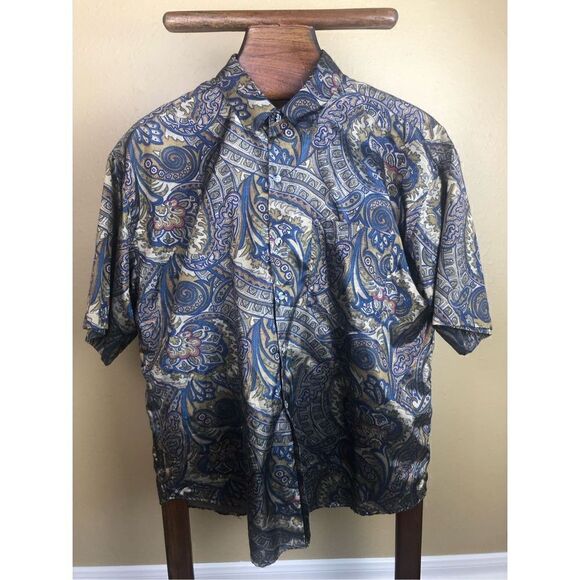 Paisley  Button-Up T Shirt - Vintage Champagne Silk, Made in Thailand - size XXL - Picture 1 of 11